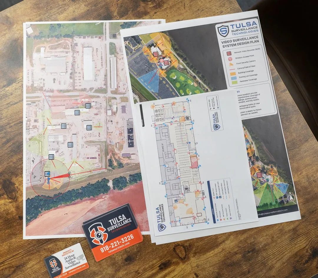 Printed Tulsa Surveillance Technologies camera map drawings showing numbered camera positions and coverage areas on a property plan