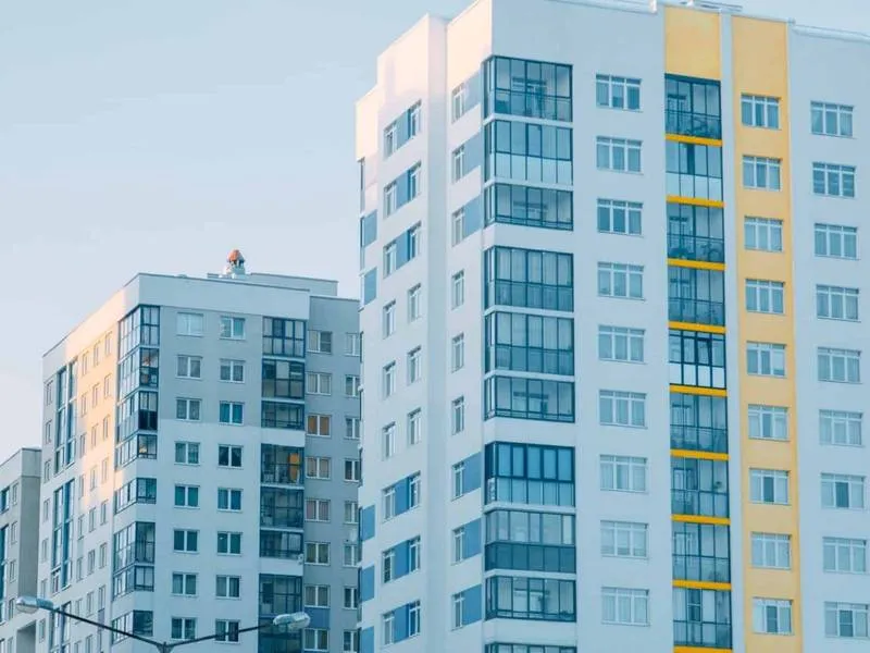 The exterior of a multi-storey apartment building